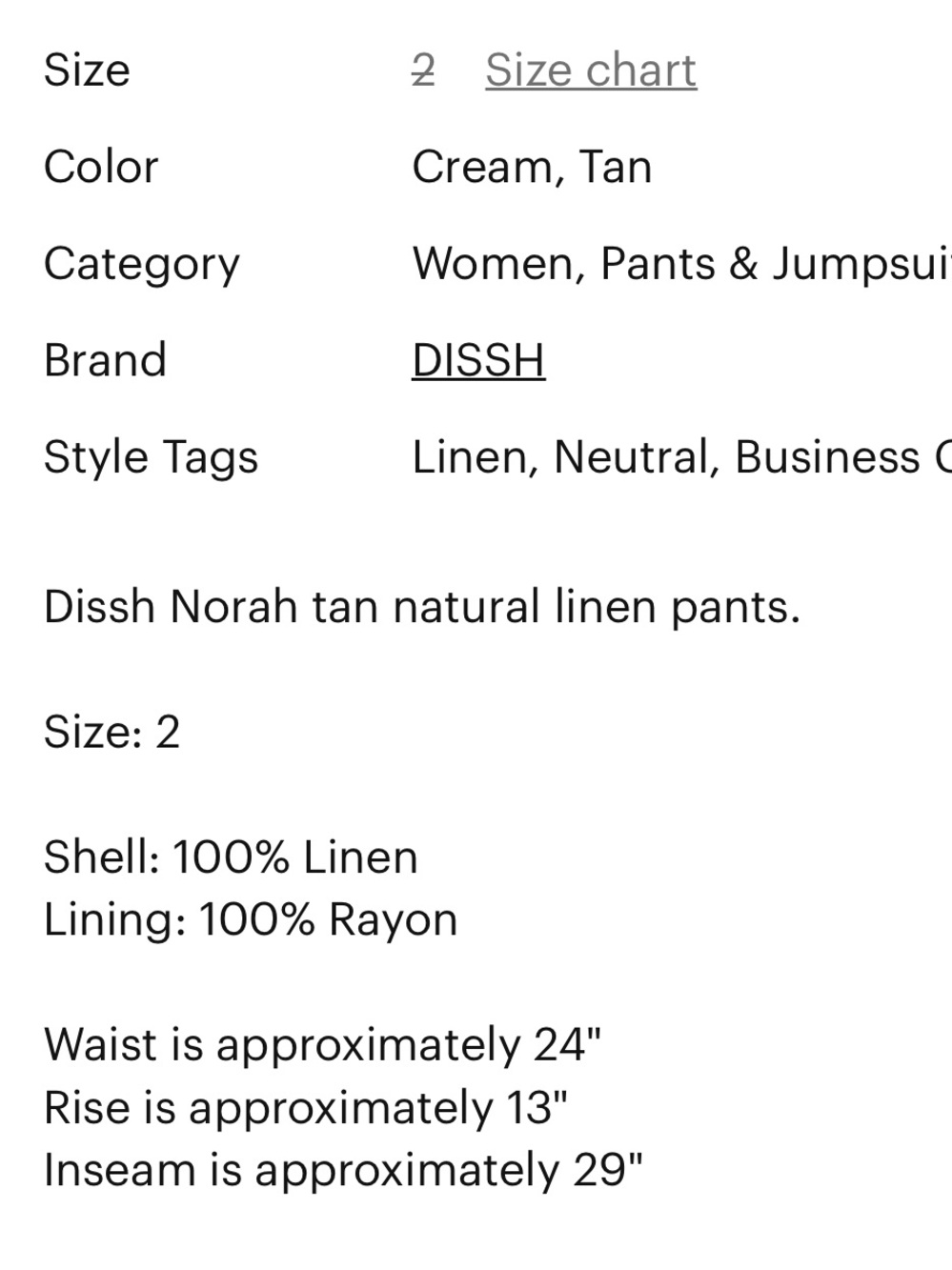 Dissh Norah Tan Natural Linen Pants Fully Lined Pockets Size 2 - Picture 14 of 14